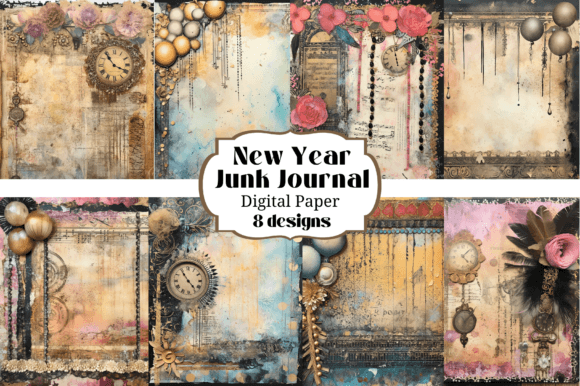 8 New Year Junk Journal Backgrounds: Festive Digital Papers