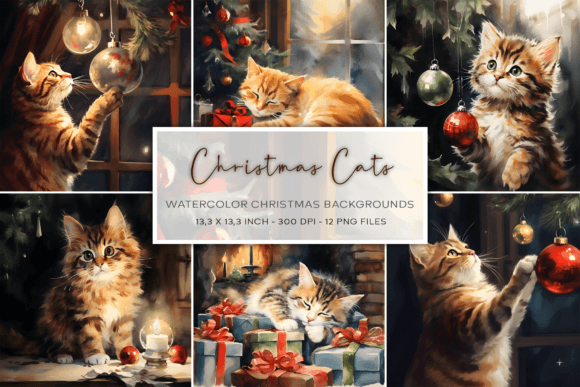 Charming Christmas Cat Watercolor Backgrounds