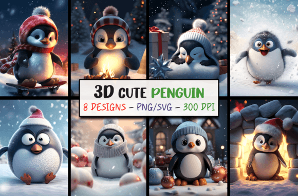Cute 3D Christmas Backgrounds Penguin: Festive SVG & PNG Designs
